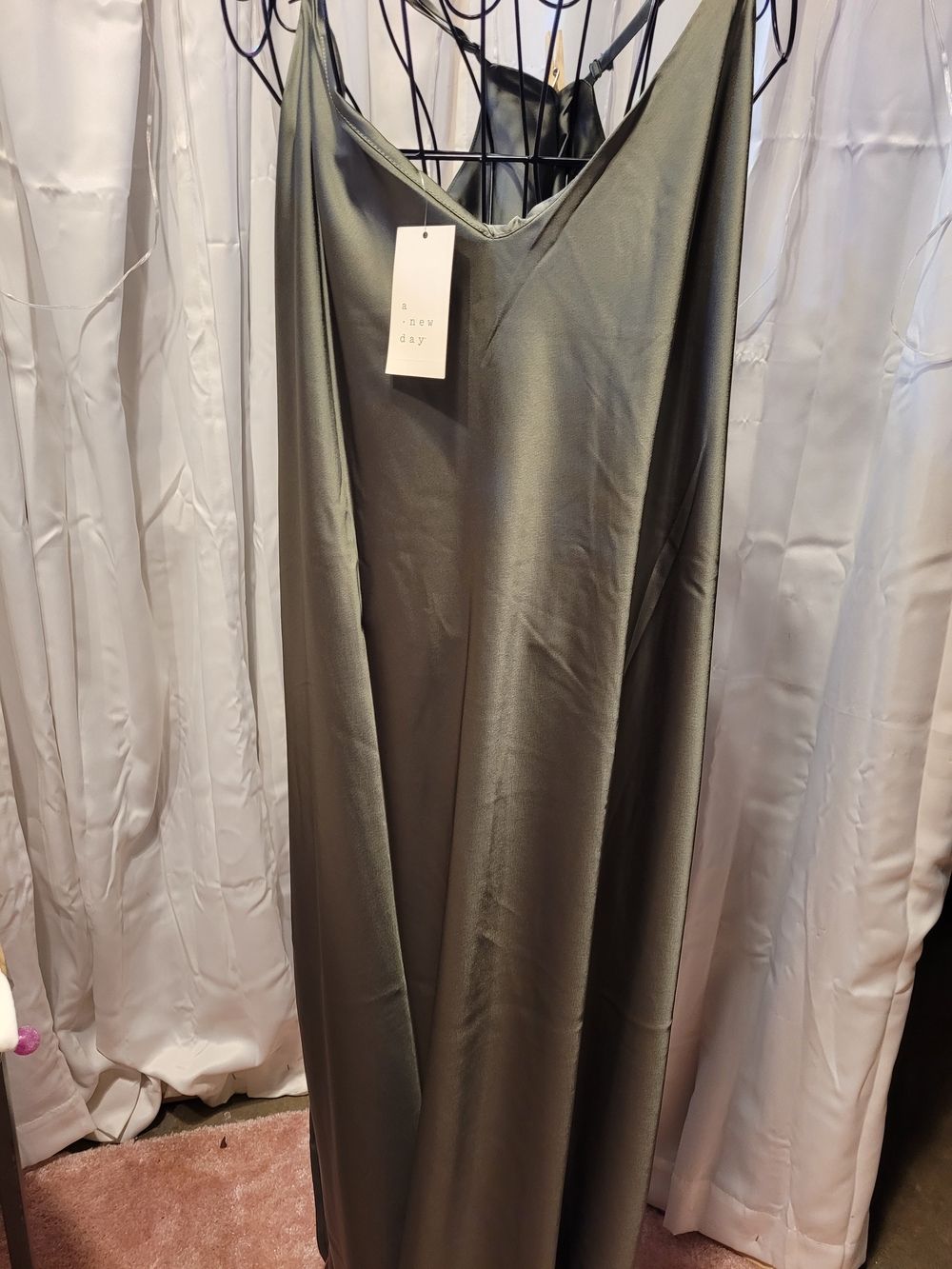 a new day Olive Green Satin Slip Dress with V-Neck - Picture 2 of 4